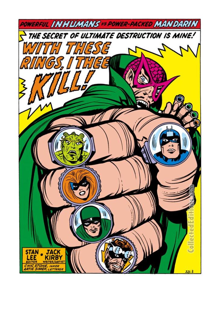 Amazing Adventures #4, pg. 1; pencils, Jack Kirby; inks, Chic Stone; With These Rings I Thee Kill splash page, Mandarin&#039;s rings, Inhumans, Black Bolt, Triton, Karnak, Gorgon, Medusa, Stan Lee splash page