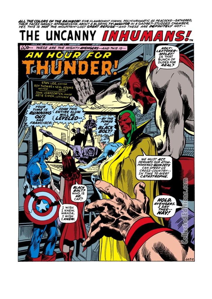 Amazing Adventures #8, pg. 1; pencils, Neal Adams; inks, John Verpoorten; An Hour For Thunder, Stan Lee, Roy Thomas, Uncanny Inhumans, Captain America, Scarlet Witch, Thor, Vision, Quicksilver, Giant-Man