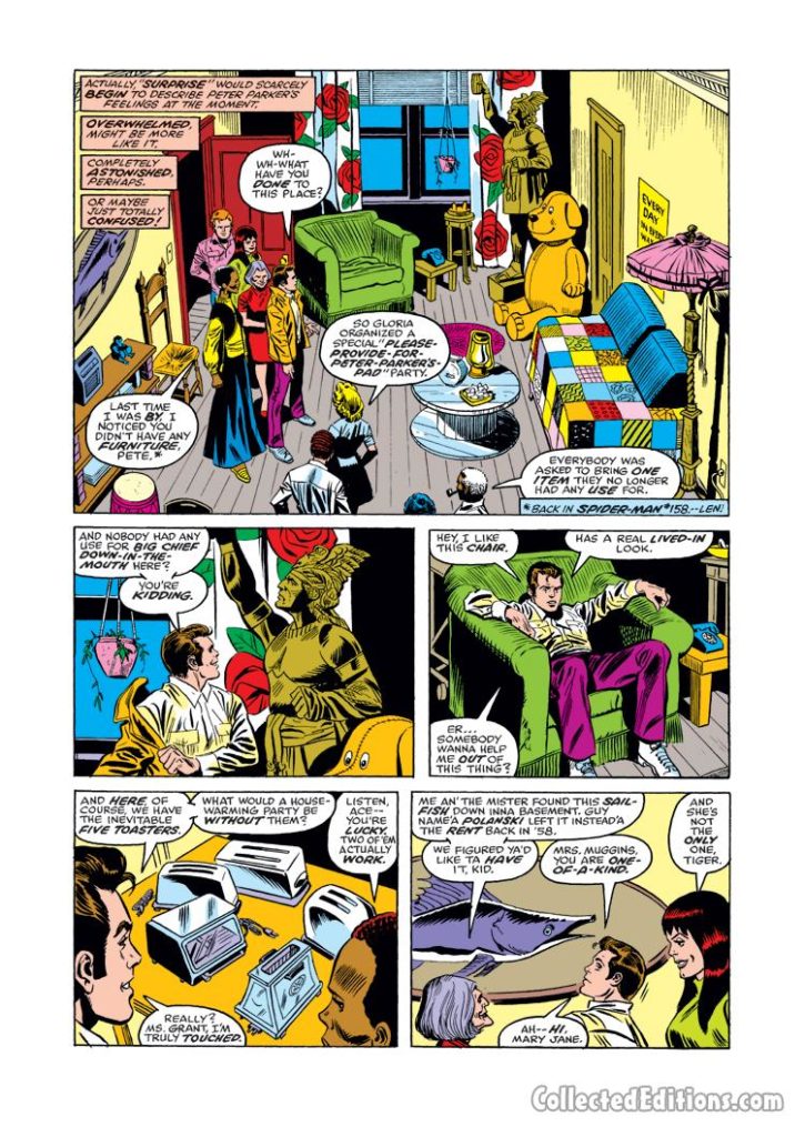 Amazing Spider-Man #163, pg. 7; pencils, Ross Andru; inks, Mike Esposito; apartment, Mary Jane, Glory Grant, housewarming party