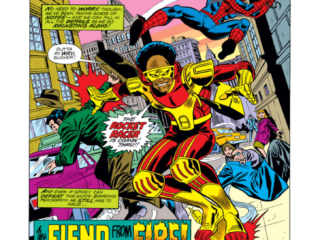 Amazing Spider-Man #172, pg. 1; pencils, Ross Andru; inks, Frank Giacoia, first appearance Rocket Racer, Stan Lee Presents, splash page, Len Wein, The Fiend from the Fire