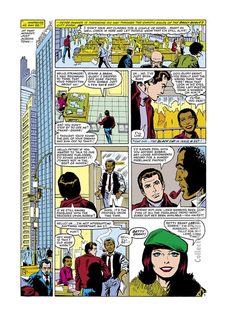 Amazing Spider-Man #229, pg. 7; pencils, John Romita Jr.; Glory Grant, Betty Brant, Daily Bugle