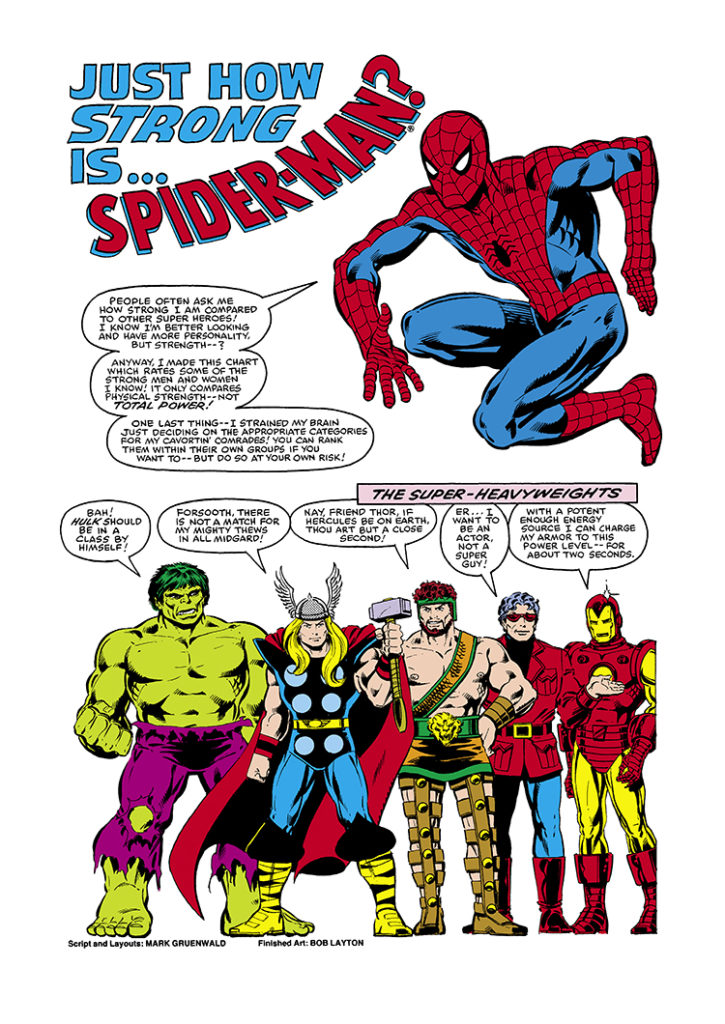 Amazing Spider-Man Annual #15, pg. 39; layouts, Mark Gruenwald; finishes and inks, Bob Layton; Just How Strong Is Spider-Man?