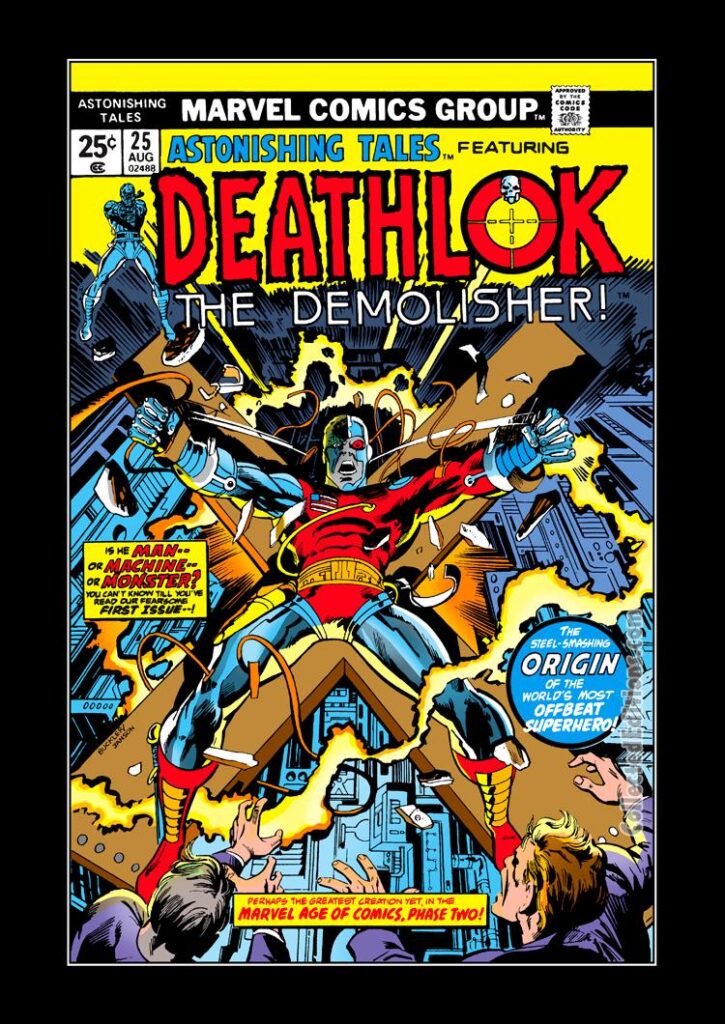 Astonishing Tales #25 cover; pencils, Rich Buckler; inks, Klaus Janson, Deathlok the Demolisher, Origin, Luther Manning; Marvel Age of Comics Phase Two; Major Simon Ryker