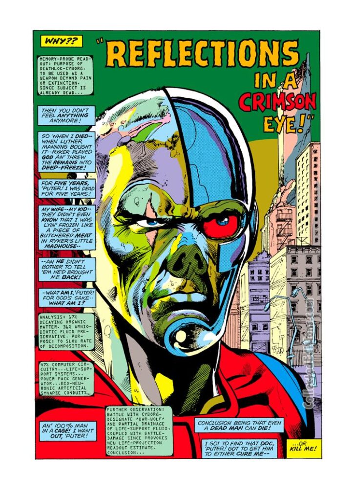 Astonishing Tales #33, pg. 3; pencils, Rich Buckler; inks, Klaus Janson; Reflections In A Crimson Eye; Deathlok the Demolisher, Luther Manning, Bill Mantlo splash page