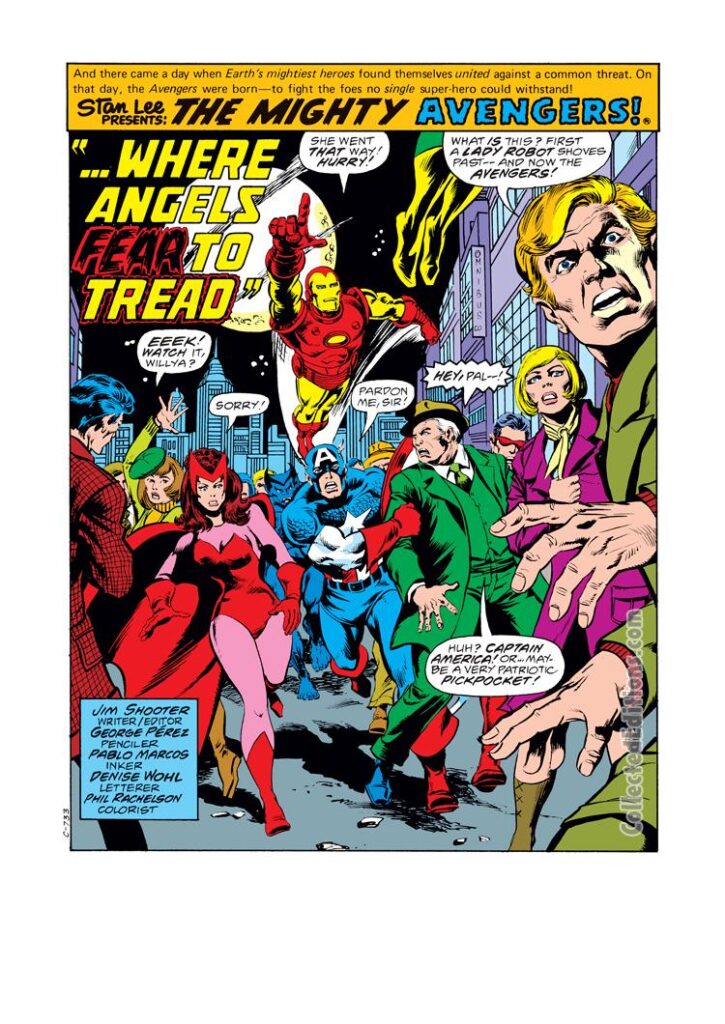 Avengers #171, pg. 1; pencils, George Pérez; inks, Pablo Marcos; Where Angels Fear to Tread splash