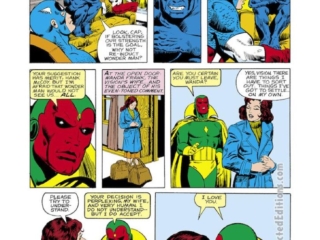 Avengers #192, pg. 12; pencils, Arvell Jones; Vision/Scarlet Witch/Wanda Maximoff romance kiss