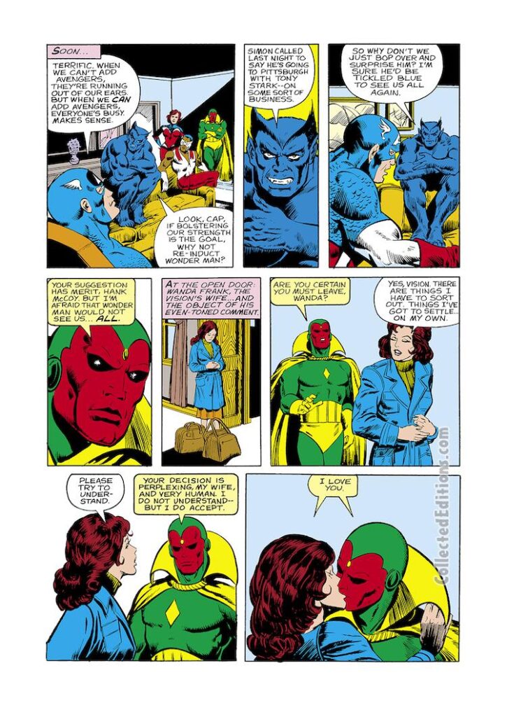 Avengers #192, pg. 12; pencils, Arvell Jones; Vision/Scarlet Witch/Wanda Maximoff romance kiss