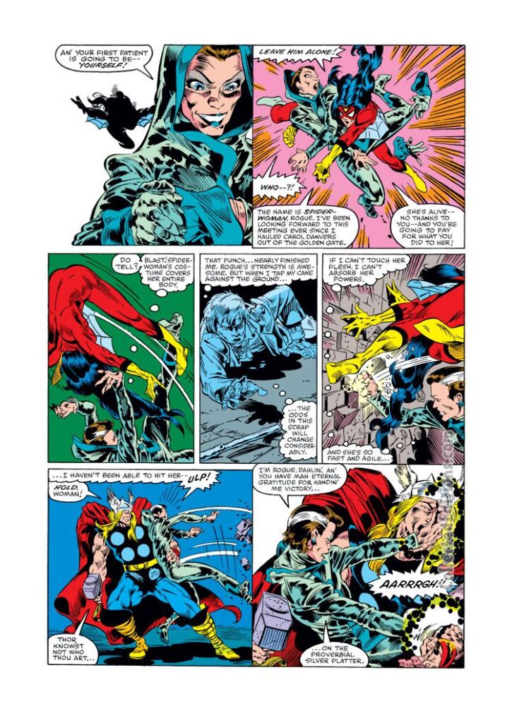 Avengers Annual #10, pg. 12; pencils, Michael Golden; Rogue fights Thor and Spider-Woman/X-Men
