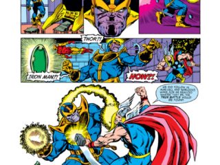 Avengers Annual #7, pg. 30; pencils and inks, Jim Starlin; Thanos vs. Thor