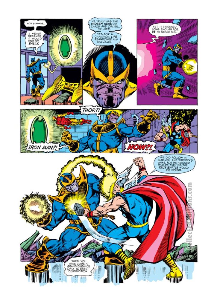 Avengers Annual #7, pg. 30; pencils and inks, Jim Starlin; Thanos vs. Thor