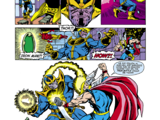 Avengers Annual #7, pg. 30; pencils and inks, Jim Starlin; Thanos vs. Thor