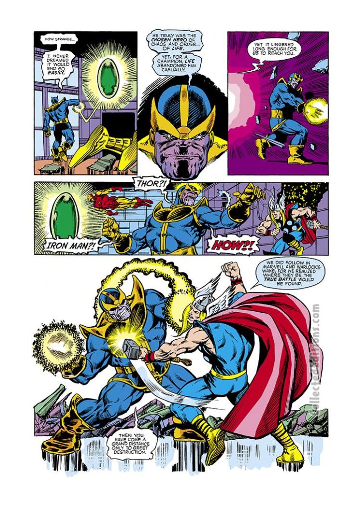 Avengers Annual #7, pg. 30; pencils and inks, Jim Starlin; Thanos vs. Thor