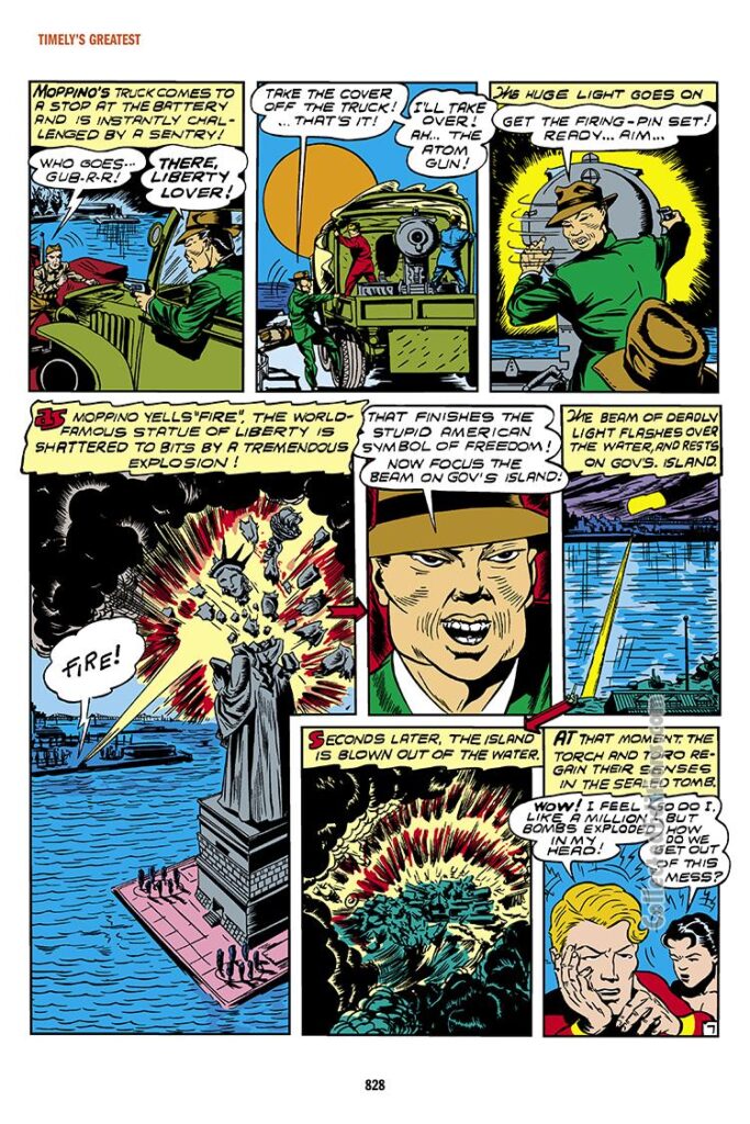 All Winners Comics #4, pg. 7; "The Terror of the Slimy Japs!"; Carl Burgos, World War II, Statue of Liberty demolished, fifth columnists, Axis Powers, Human Torch