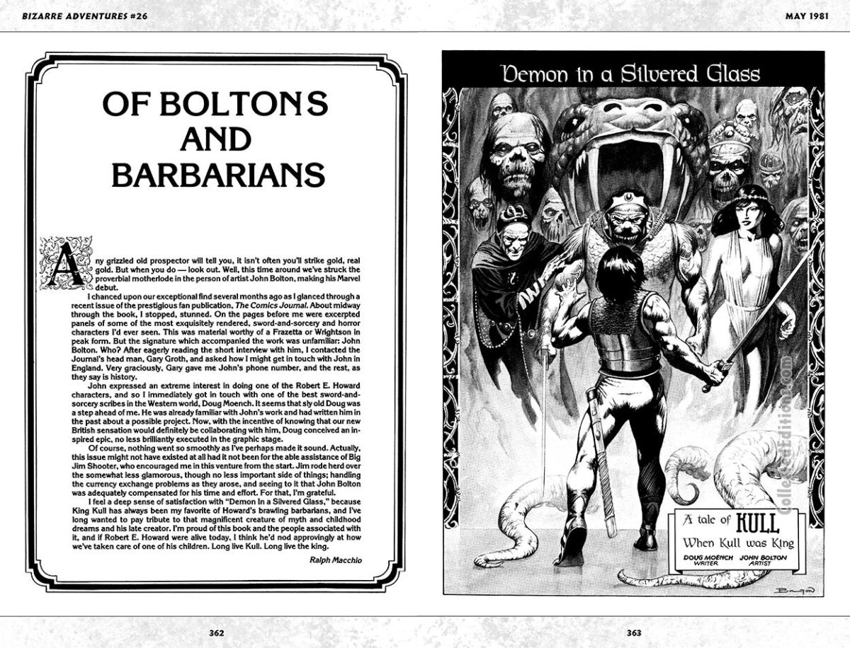 Bizarre Adventures #26, pgs. 2-3; Of Boltons and Barbarians, Demon in a Silvered Glass, A Tale of Kull, When Kull Was King, introduction by Doug Moench; pg. 1 pencils and inks, John Bolton, Doug Moench