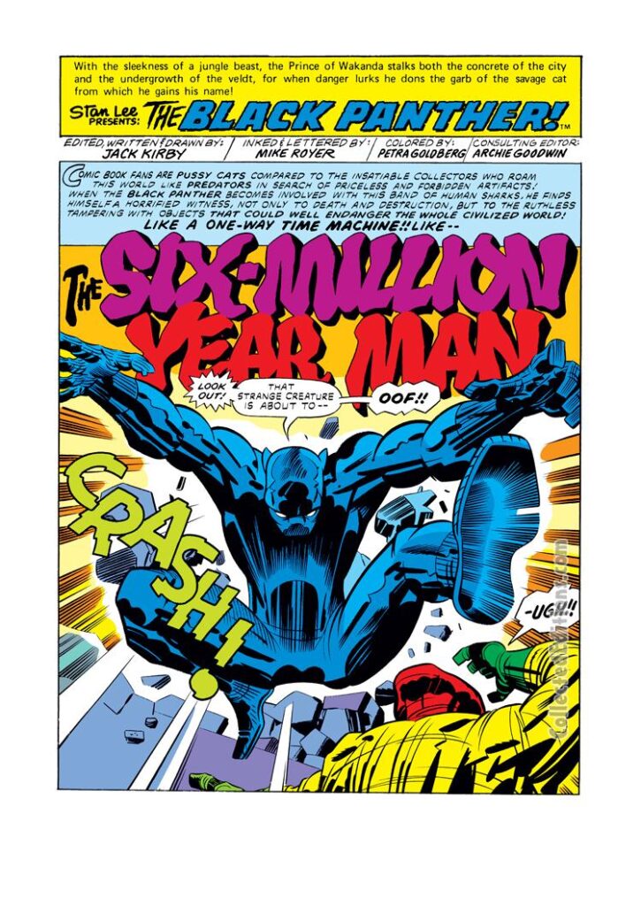 Black Panther #2, pg. 1; pencils, Jack Kirby; inks, Mike Royer; The Six-Million Year Man