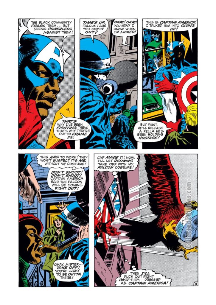 Captain America #126, pg. 8; pencils, Gene Colan; inks, Frank Giacoia; Sam Wilson as Captain America, Falcon, Redwing