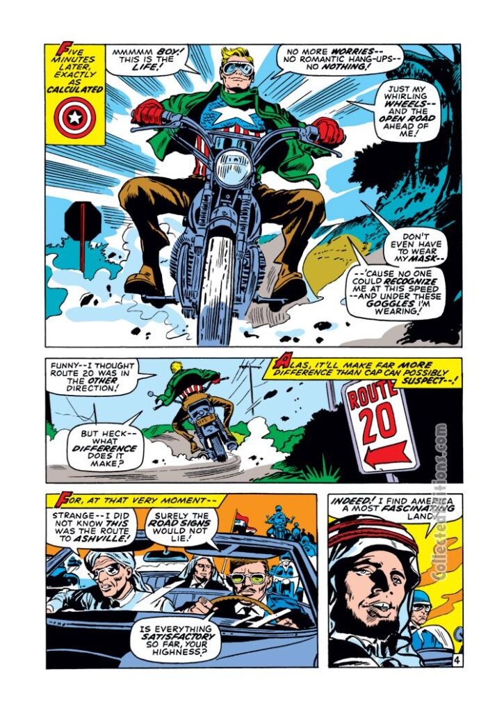 Captain America #129, pg. 4; pencils, Gene Colan; inks, Dick Ayers; Steve Rogers, motorcycle