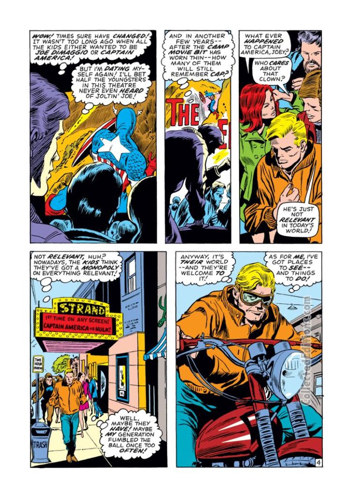 Captain America #130, pg. 4; pencils, Gene Colan; inks, Dick Ayers; Steve Rogers, motorcycle