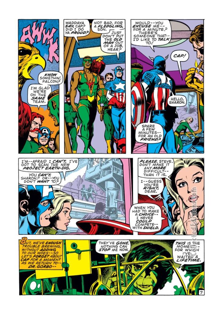 Captain America #135, pg. 7; pencils, Gene Colan; inks, Tom Palmer; Falcon, Sharon Carter, Redwing