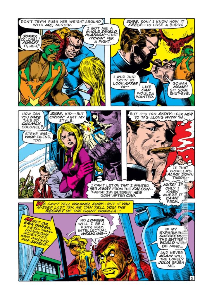 Captain America #136, pg. 5; pencils, Gene Colan; inks, Bill Everett; Nick Fury, Falcon, Redwing, Sharon Carter, cigar