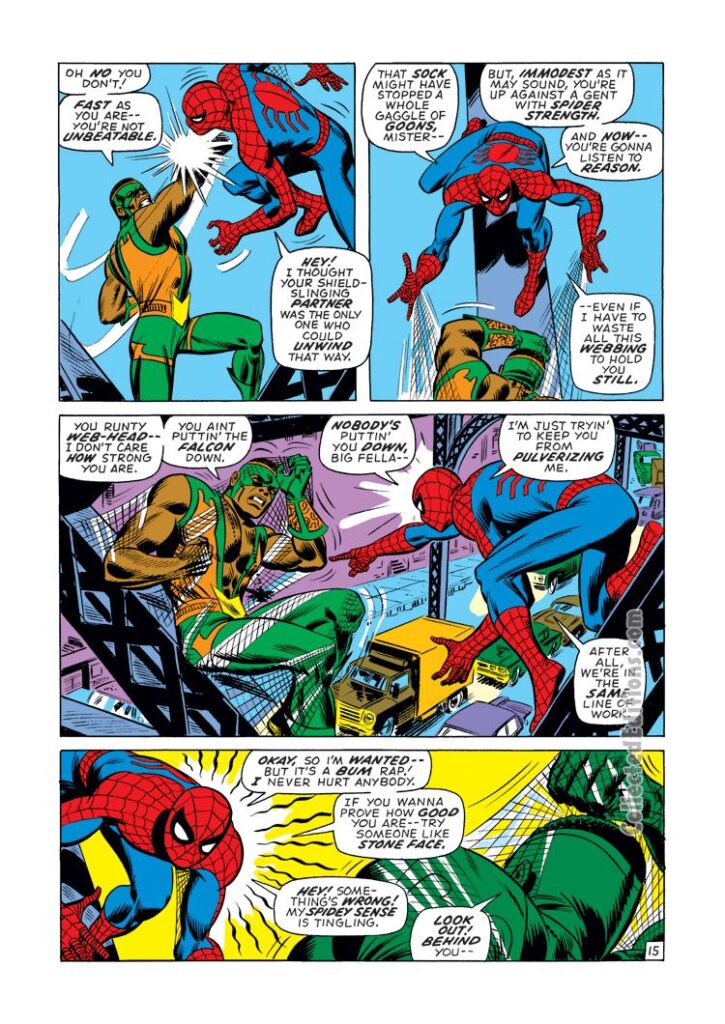 Captain America #138, pg. 15; pencils and inks, John Romita Sr.; Falcon, Spider-Man, Redwing