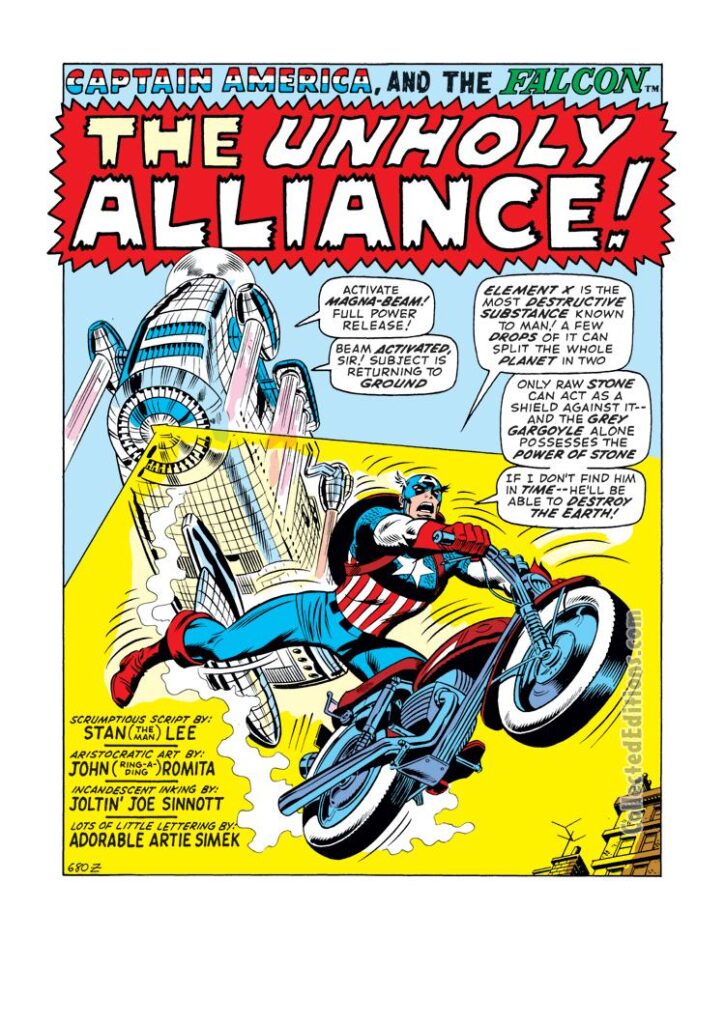 Captain America #141, pg. 1; pencils, John Romita Sr.; inks, Joe Sinnott, Stan Lee, The Unholy Alliance, Steve Rogers, motorcycle