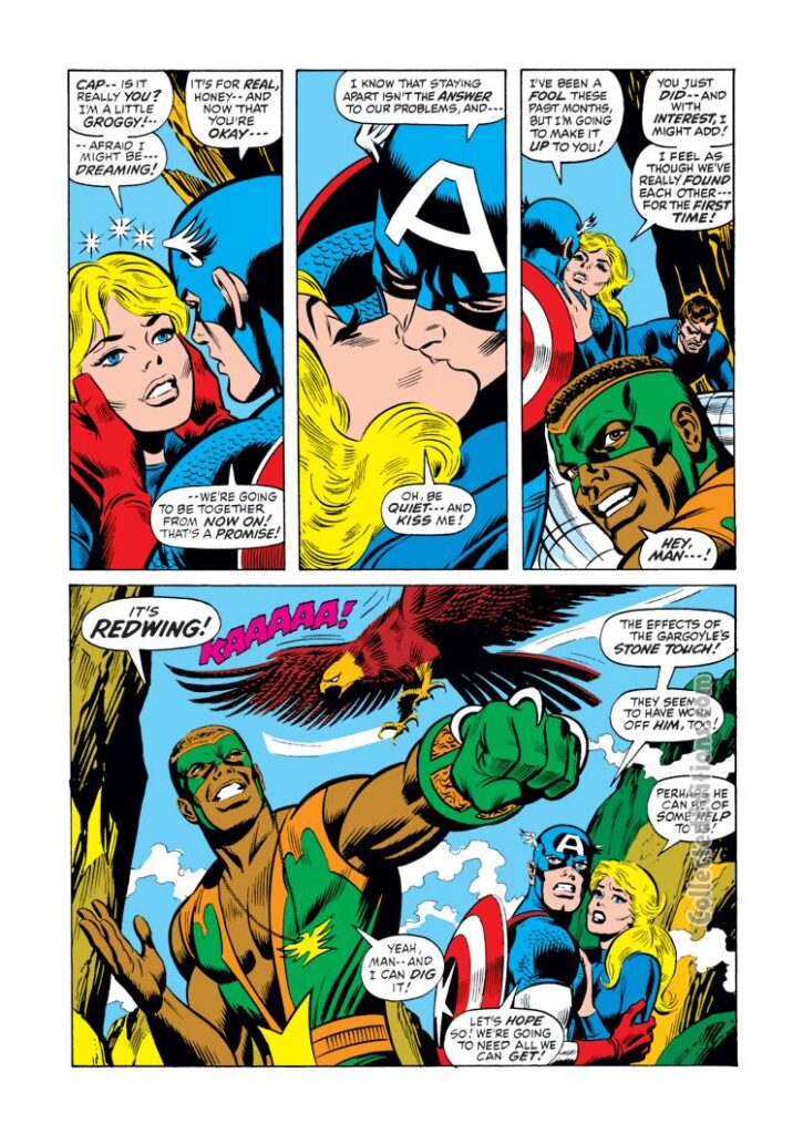 Captain America #142, pg. 2; pencils, John Romita Sr.; inks, Joe Sinnott; Falcon, Redwing, Sharon Carter