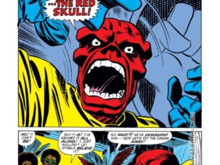 Captain America #143, pg. 27; pencils and inks, John Romita Sr. Captain America #143, pg. 27; pencils and inks, John Romita Sr.; Red Skull in the Morning, Cap Take Warning, Falcon, Leila