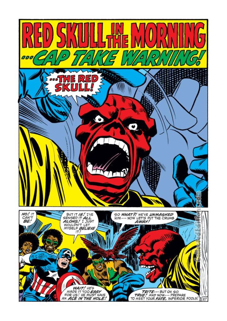 Captain America #143, pg. 27; pencils and inks, John Romita Sr.; Red Skull in the Morning, Cap Take Warning, Falcon, Leila