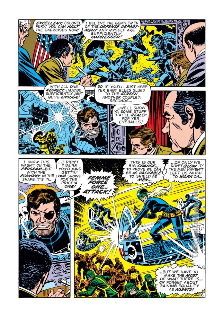 Captain America #144, pg. 6; pencils and inks, John Romita Sr.; Femme-Force One, Sharon Carter, Richard Nixon, Nick Fury