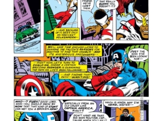 Captain America #149, pg. 3; pencils, Sal Buscema; inks, Jim Mooney; Falcon, Redwing, Nick Fury