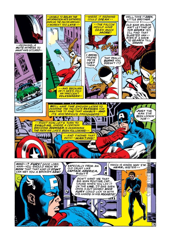 Captain America #149, pg. 3; pencils, Sal Buscema; inks, Jim Mooney; Falcon, Redwing, Nick Fury