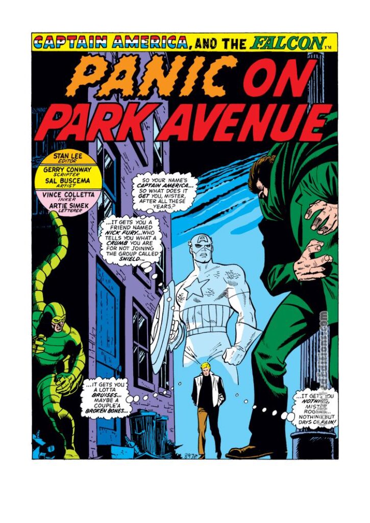 Captain America #151, pg. 1; pencils, Sal Buscema; inks, Vince Colletta; Panic on Park Avenue, Mr. Hyde, Human Cobra, Steve Rogers