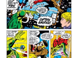 Captain America #152, pg. 14; pencils, Sal Buscema; inks, Frank Giacoia; Scorpion, Falcon, Sharon Carter, Agent 13