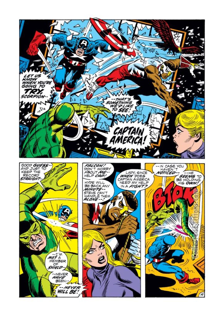 Captain America #152, pg. 14; pencils, Sal Buscema; inks, Frank Giacoia; Scorpion, Falcon, Sharon Carter, Agent 13