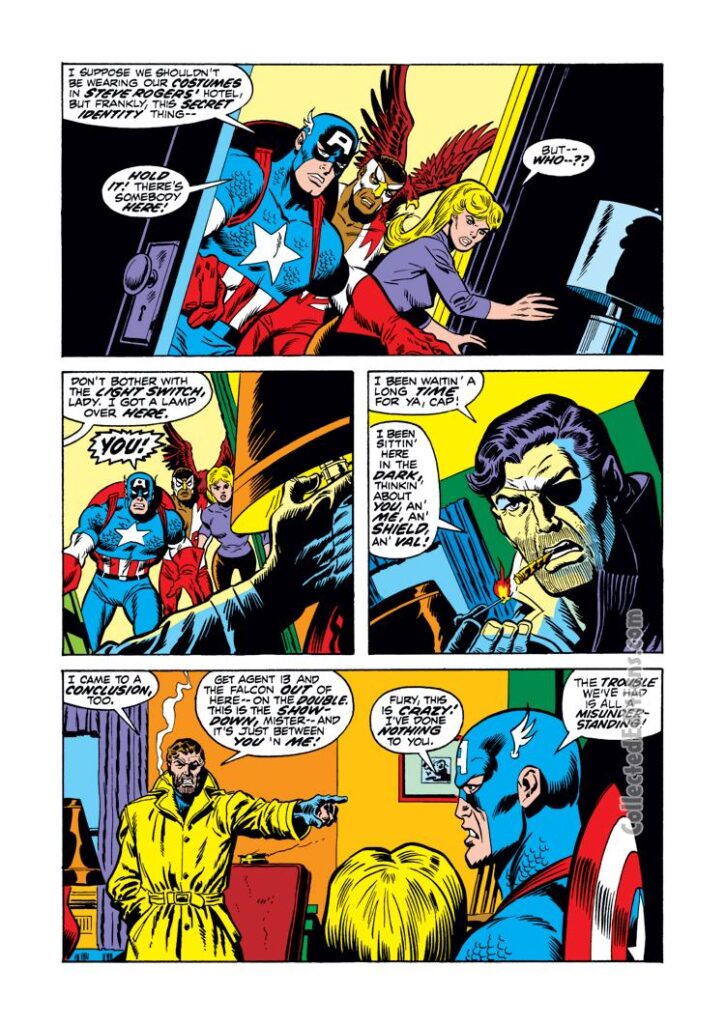 Captain America #153, pg. 2; pencils, Sal Buscema; inks, Jim Mooney, Nick Fury, Sharon Carter, Falcon, Redwing