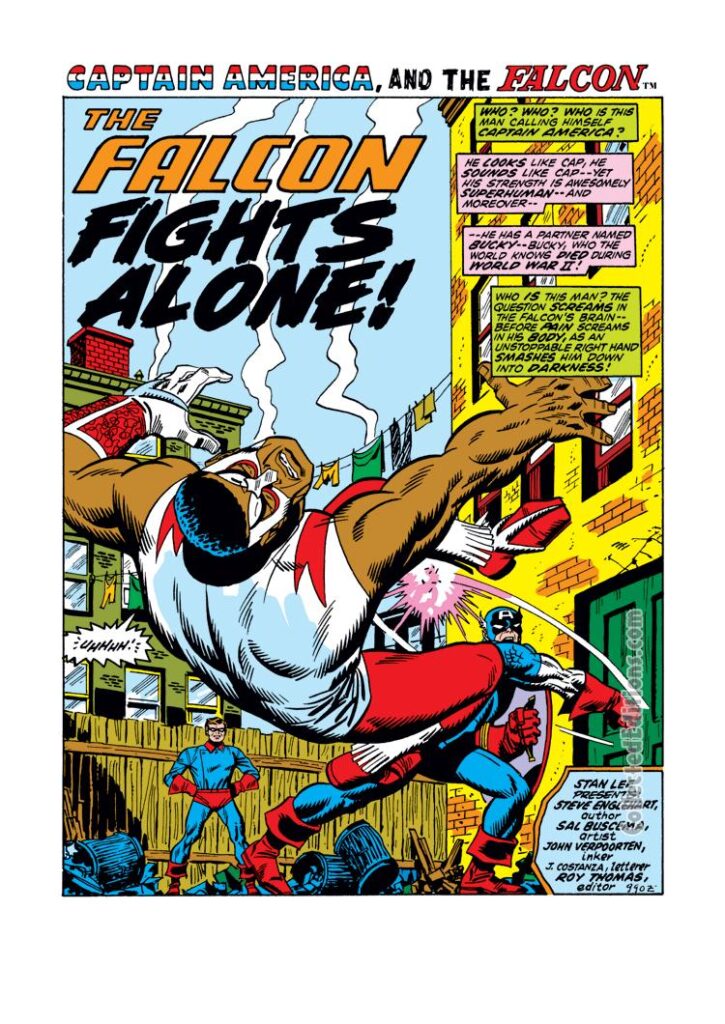 Captain America #154, pg. 1; pencils, Sal Buscema; inks, John Verpoorten; The Falcon Fights Alone, Bucky, Steve Englehart