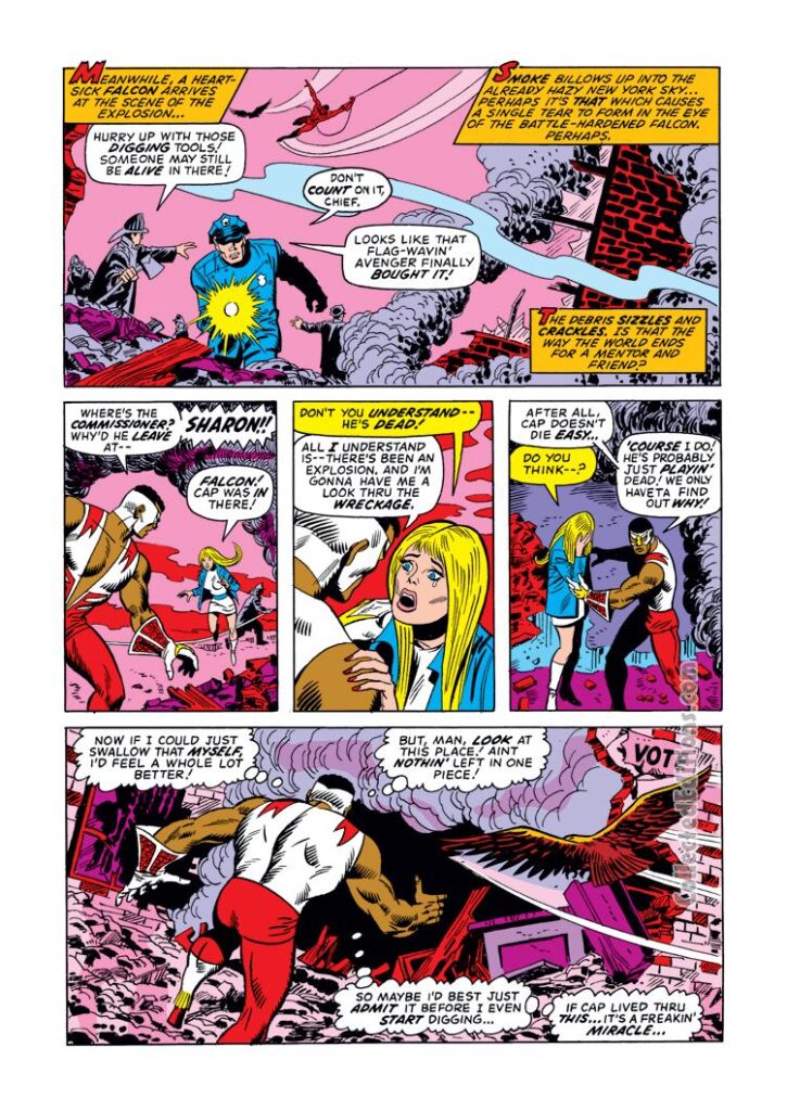 Captain America #157, pg. 11; pencils, Sal Buscema; inks, John Verpoorten; Sharon Carter, Falcon, Redwing