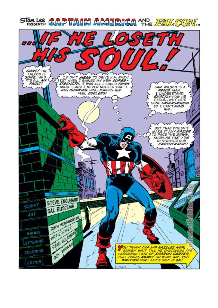 Captain America #161, pg. 1; pencils, Sal Buscema; inks, John Verpoorten; If He Loseth His Soul, Steve Englehart, splash page