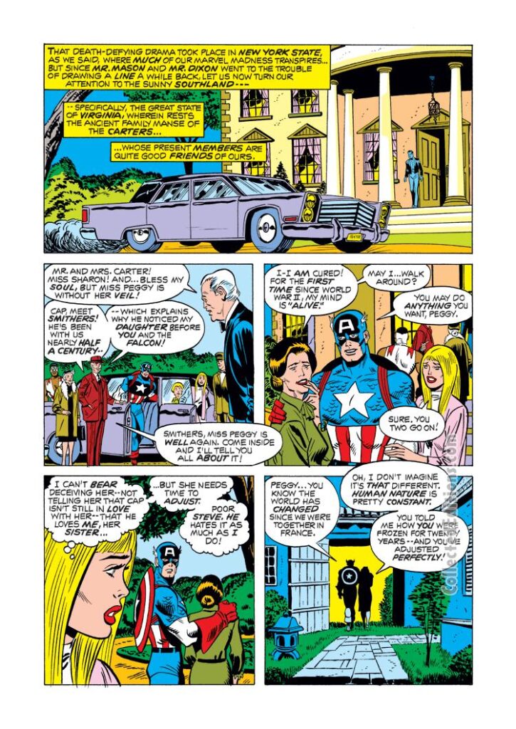 Captain America #163, pg. 3; pencils, Sal Buscema; inks, John Verpoorten; Sharon Carter, Peggy Carter