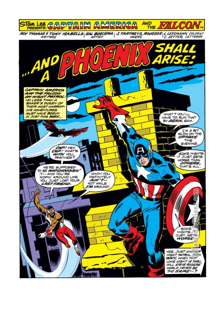 Captain America #168, pg. 1; pencils, Sal Buscema; inks, George Roussos, John Tartaglione; And a Phoenix Shall Arise, Falcon, splash page