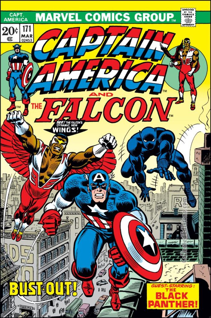 Captain America #171 cover; pencils, John Romita Sr.; inks, Tony Mortellaro, John Romita Sr.; Black Panther, Falcon, Bust-Out