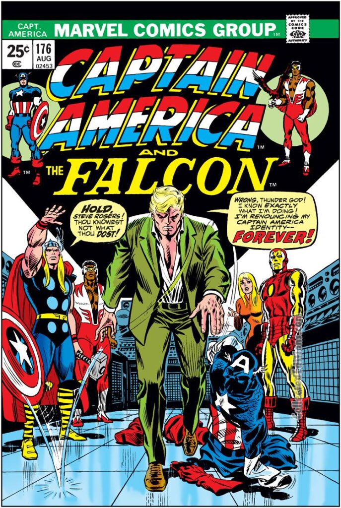Captain America #176 cover; pencils and inks, John Romita Sr.; Thor, Falcon, Sharon Carter, Iron Man, Steve Rogers renounces his identity