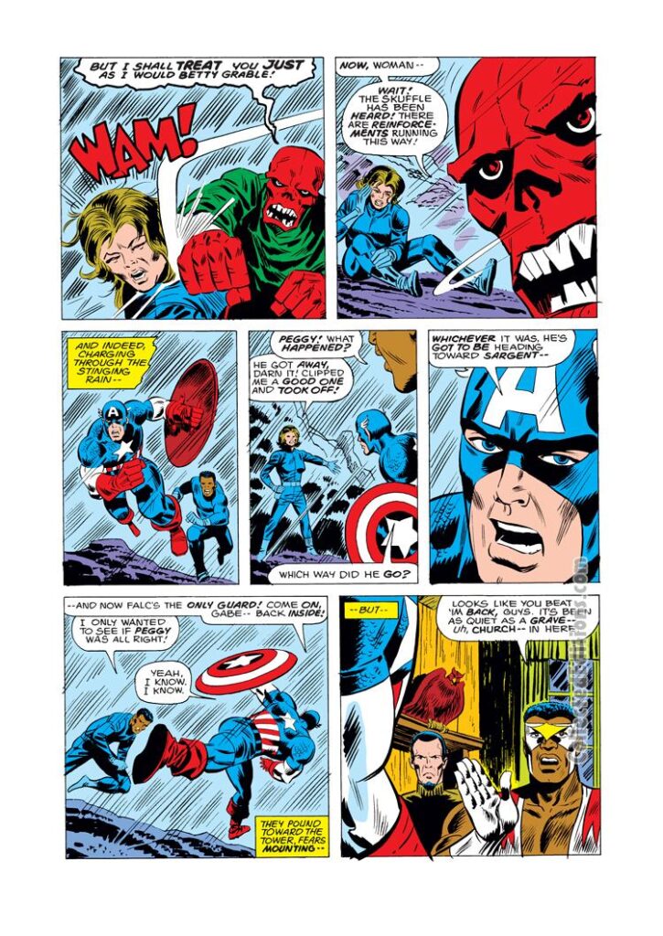 Captain America #184, pg. 17; pencils, Herb Trimpe; inks, Mike Esposito, Frank Giacoia; Red Skull, Falcon, Sam Wilson