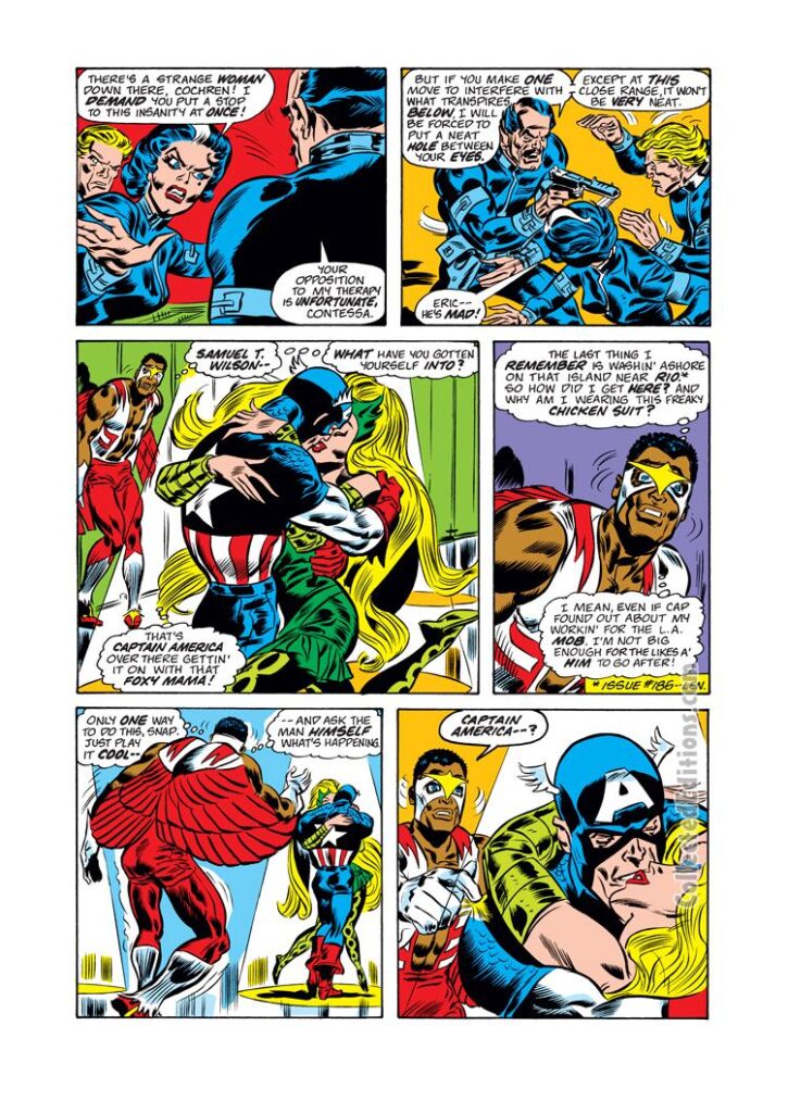 Captain America #189, pg. 10; pencils, Frank Robbins; inks, Frank Chiaramonte, Enchantress, Steve Rogers kiss