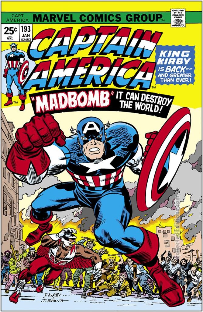 Captain America #193 cover; pencils, Jack Kirby; inks, John Romita Sr.; Madbomb