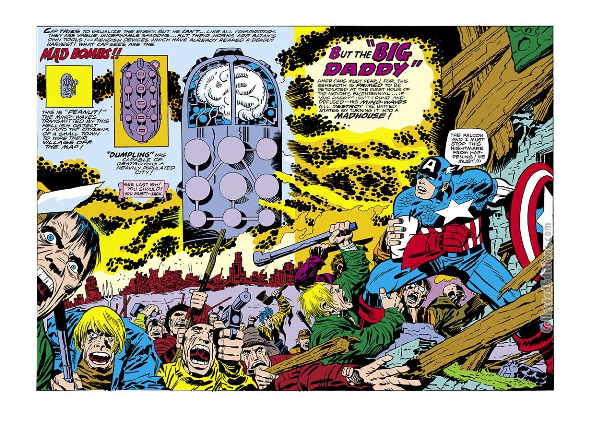 Captain America #194, pgs. 2-3; pencils, Jack Kirby; inks, Frank Giacoia; Mad Bombs splash
