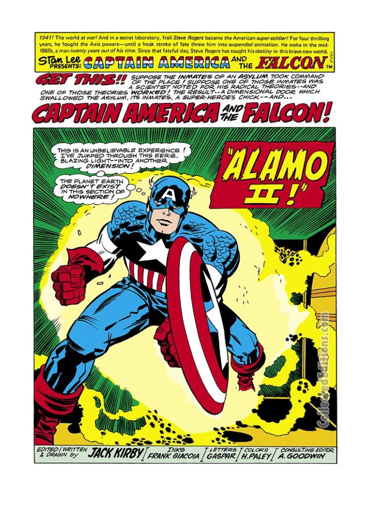 Captain America #203, pg. 1; pencils, Jack Kirby; Falcon/Sam Wilson/Alamo II