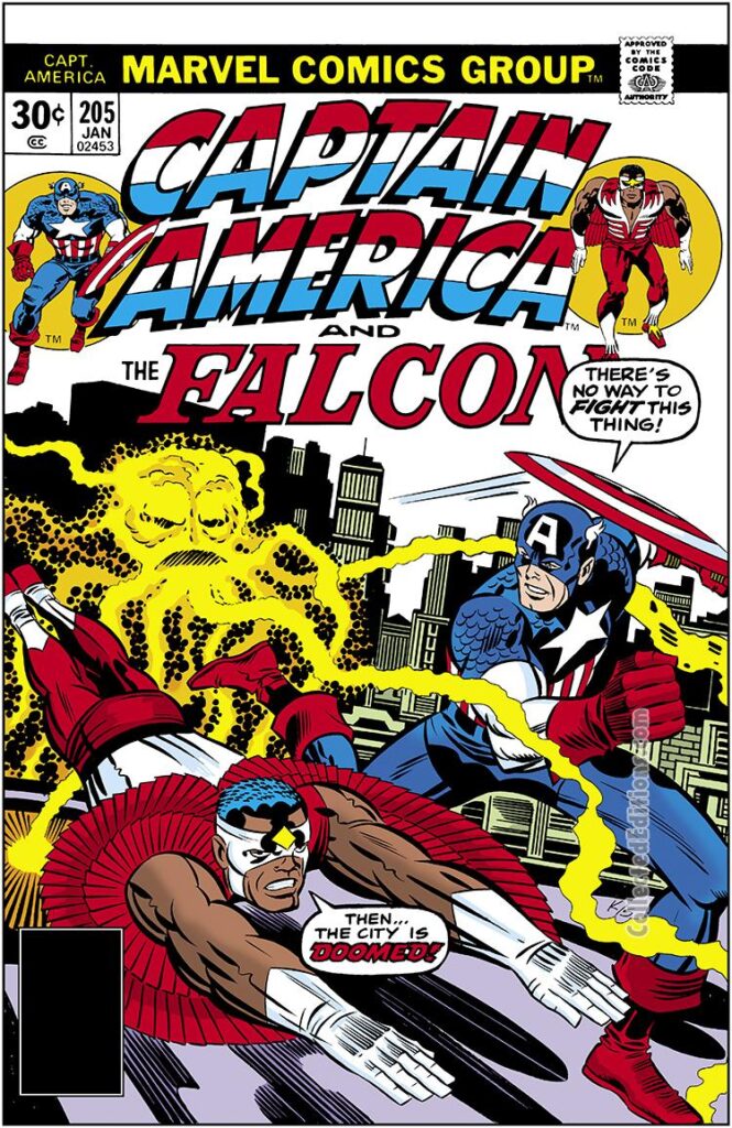 Captain America #205 cover; pencils, Jack Kirby; inks, Joe Sinnott; Falcon Sam Wilson