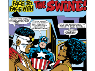 Captain America #206, pg. 1; pencils, Jack Kirby; The Swine/Leila Taylor/Falcon/Sam Wilson